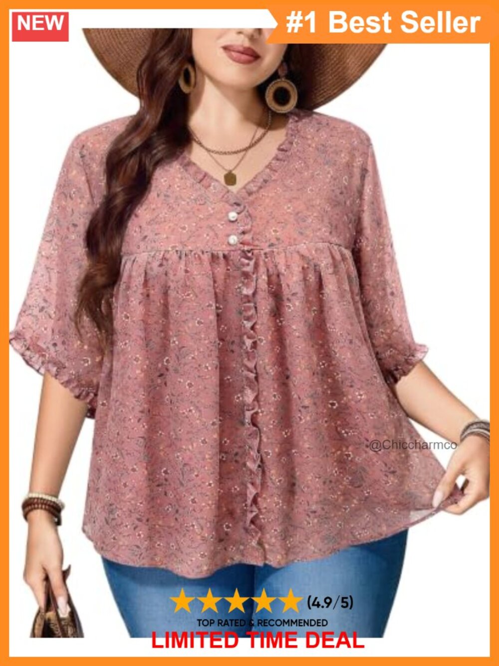 Plus Size Chiffon Blouse 3/4 Ruffle Sleeve V Neck Dressy Casual Top